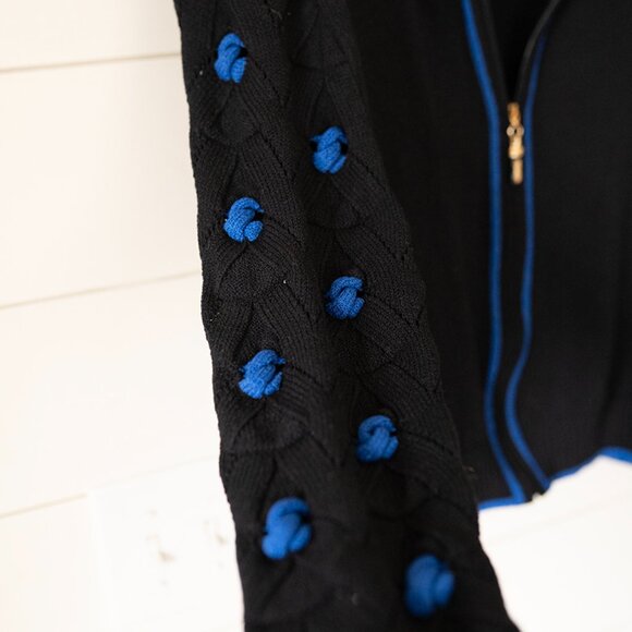 ST JOHN KNIT SIZE 14 SANTANA CLASSIC Black with Blue TRIM Cardigan Jacket Top - Picture 2 of 6